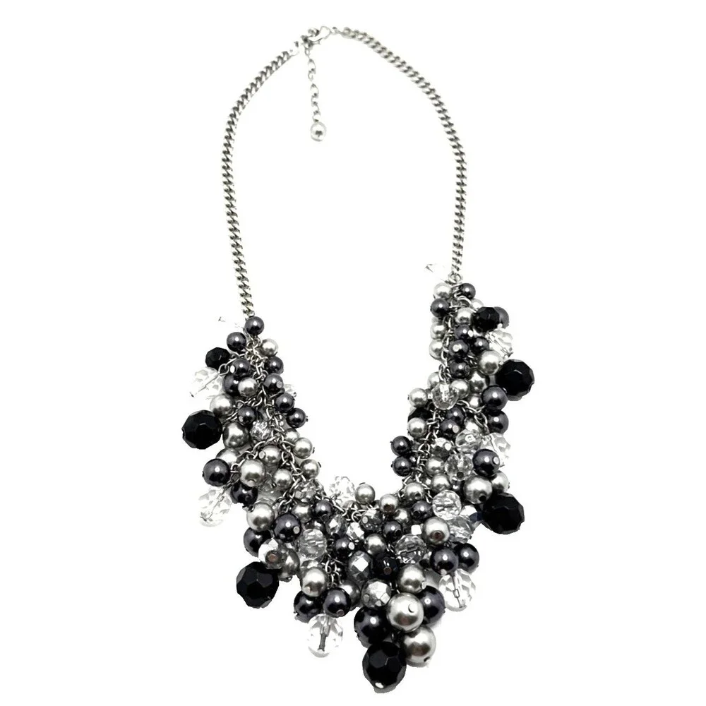 Cha-Cha Style Necklace Clear Gray Black Bead Cluster Statement Bib 16